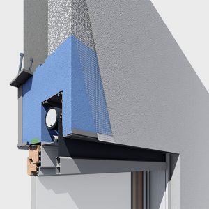 Rollladenkasten flexiE im Querschnitt: geschlossener Dämmkörper an der Fassade